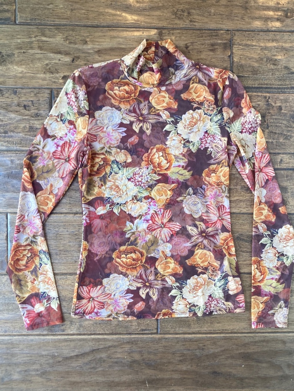GUESS Dark Floral Sheer Long Sleeve Mock Neck Top Women's Medium
